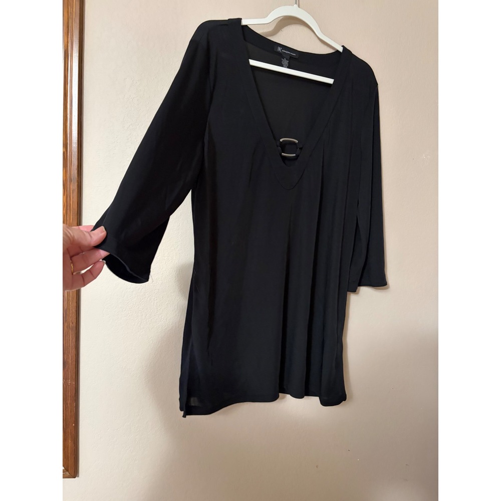INC International Concepts Black V-Neck Tunic Top XL Ring Detail 3/4 Sleeve - Picture 5 of 10